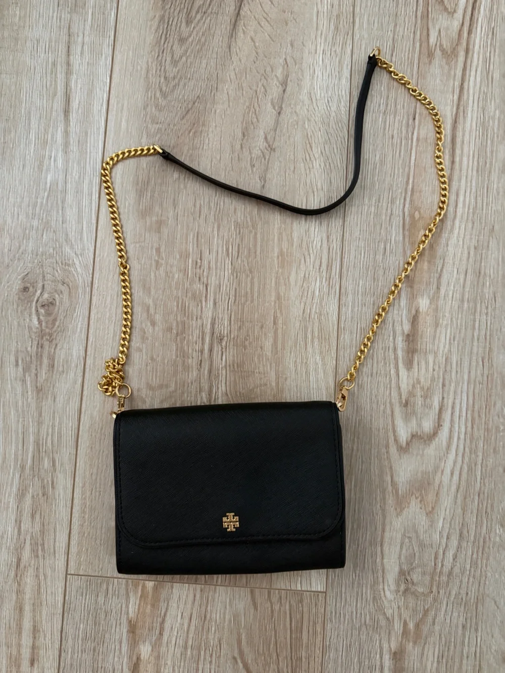 Tory Burch Black Crossbody with Gold Chain Strap Emerson Chain Wallet